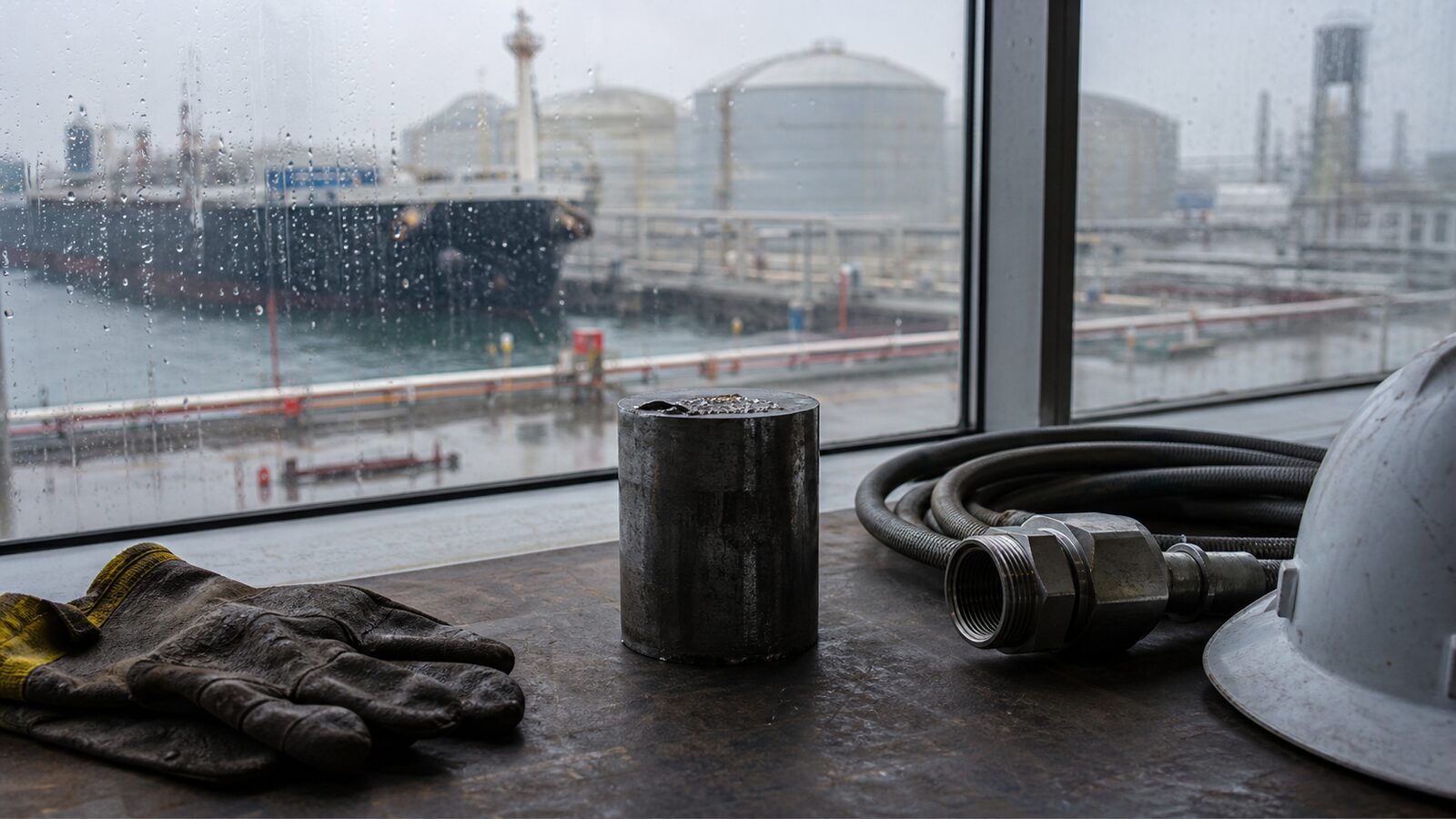 Energy terminal still life with safety gloves, steel equipment and rain-streaked glass overlooking storage tanks.