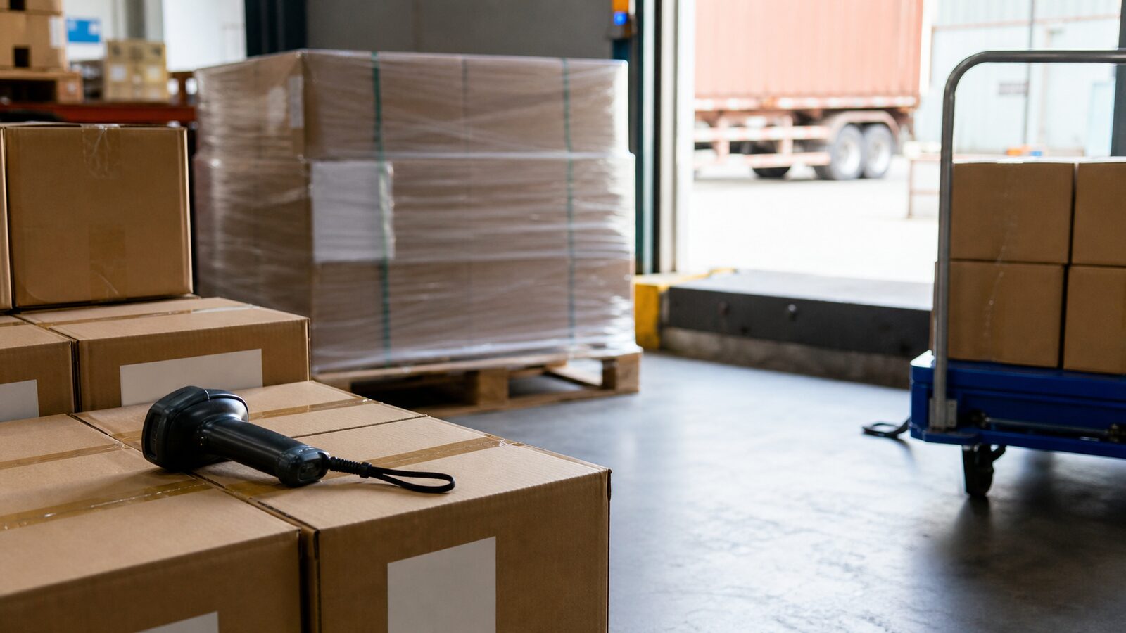 Unbranded warehouse loading bay with blank cartons, wrapped pallets and a scanner lying face-down.