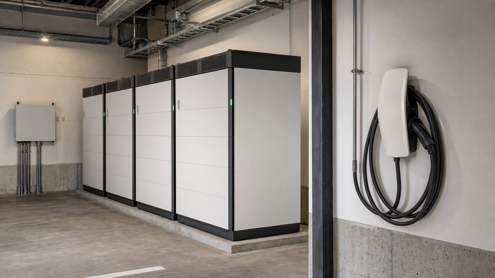 Clean service bay with modular battery cabinets and EV charging equipment, all without logos or readable labels.