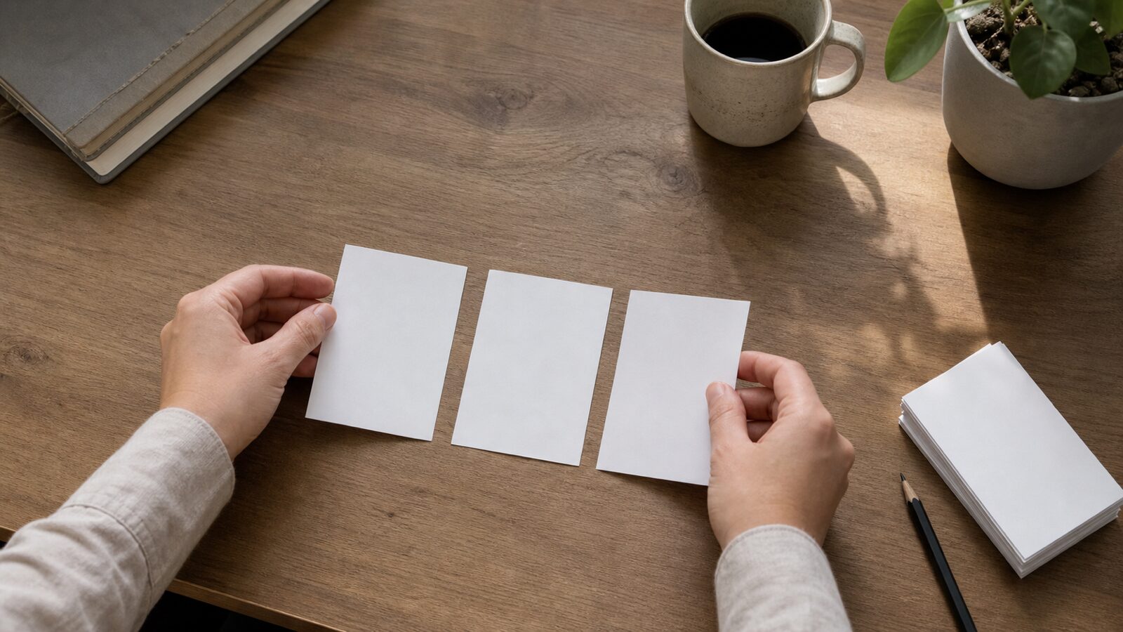 Hands arranging three blank paper cards on a wooden desk beside a pencil