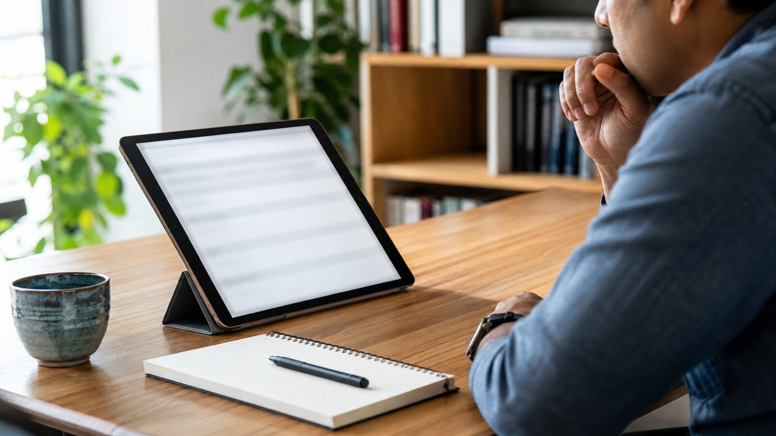 A researcher studies a blurred tablet screen beside a blank notebook and pen