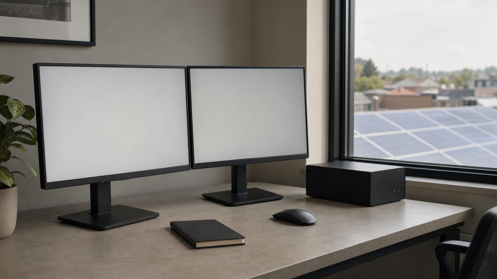 Quiet monitoring workspace with two blank screens and rooftop solar panels visible through a window.