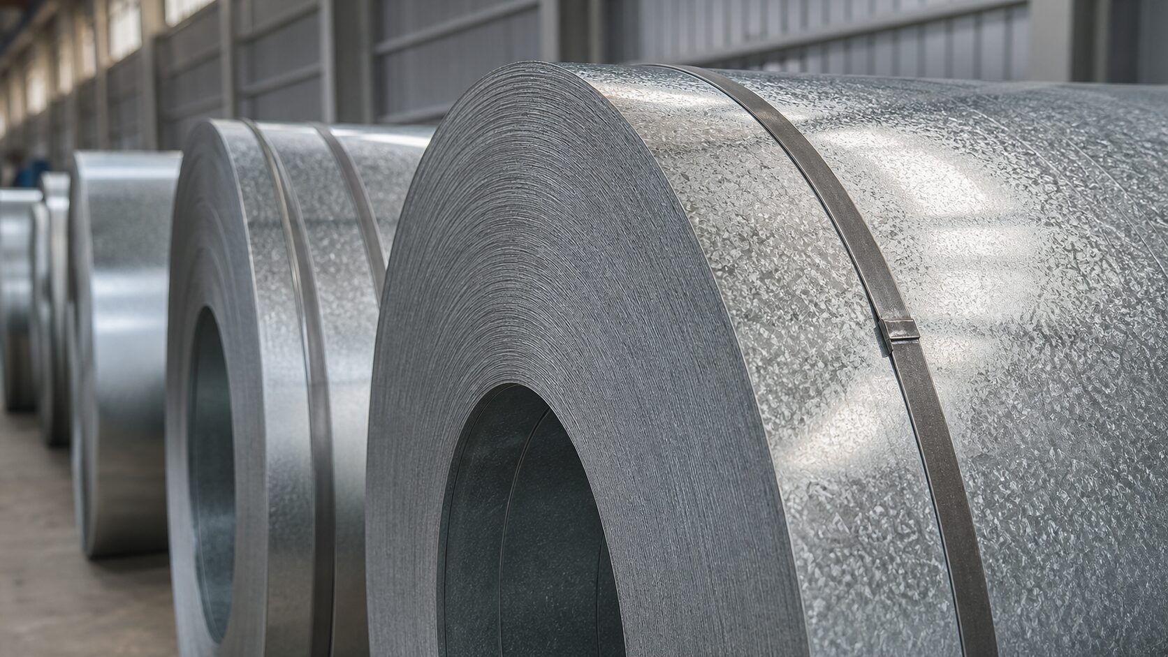 Close view of clean galvanized steel coils showing zinc texture and smooth banding inside a warehouse.