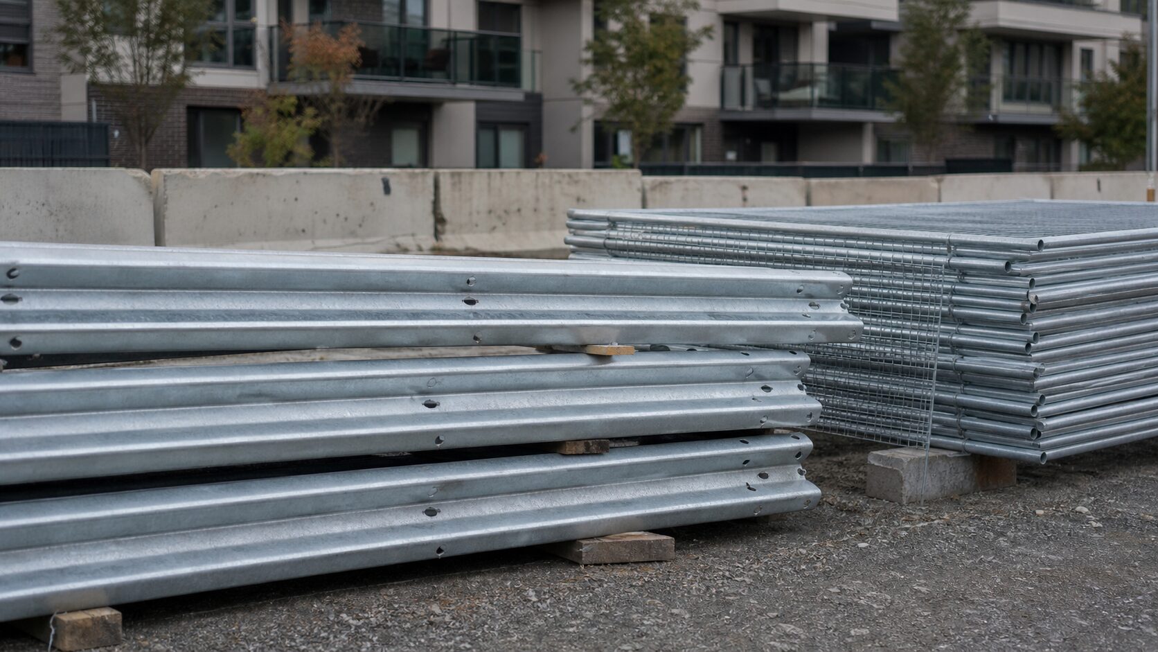Galvanized guardrail sections and fence panels stacked beside an urban construction-material area.