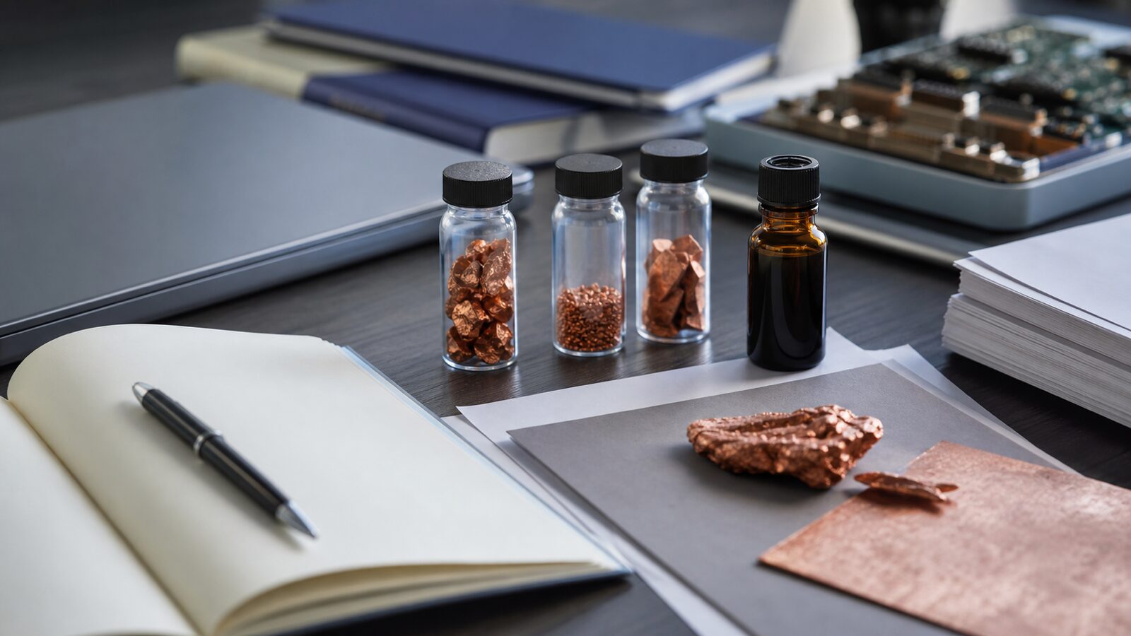 Unlabeled copper pieces and an oil sample bottle arranged on a research desk