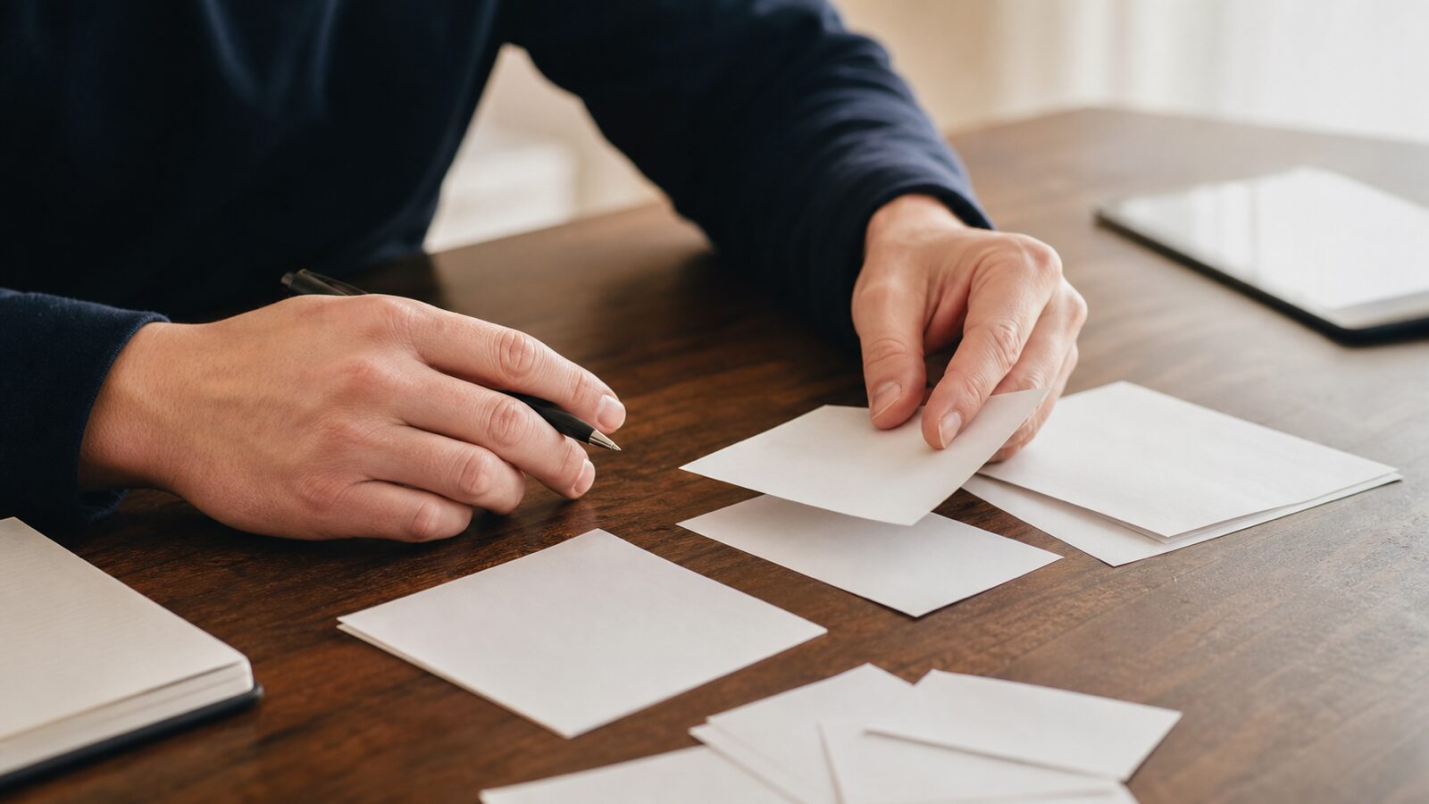 An investor arranging blank paper slips on a wooden table while holding a pen