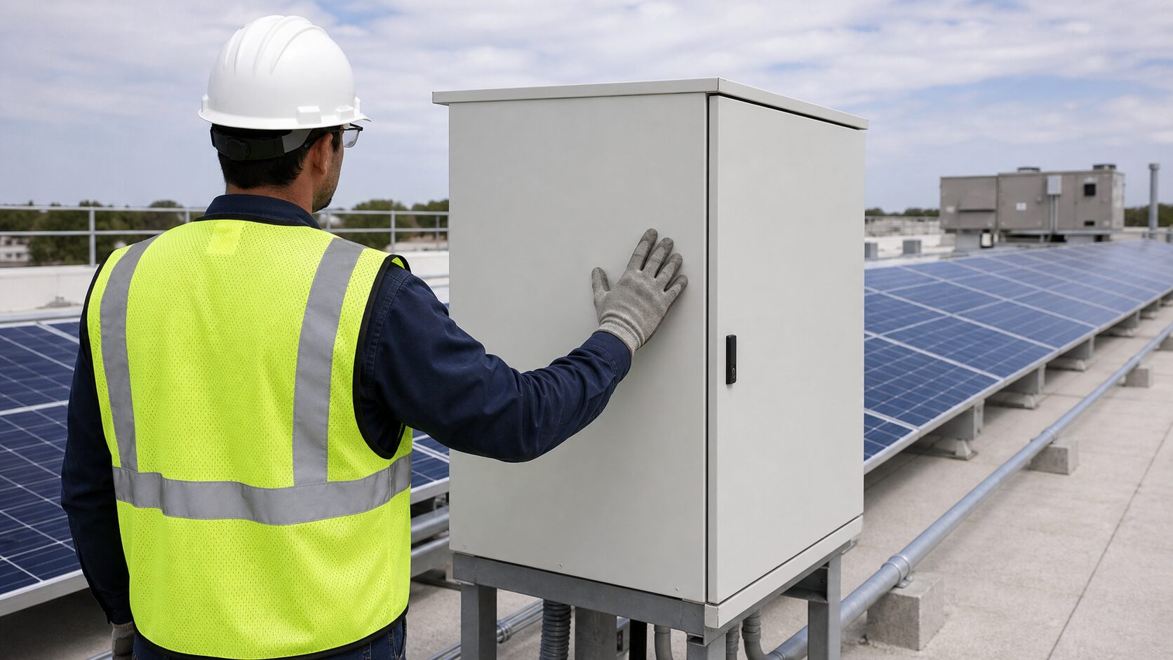 Technician checking a blank rooftop solar equipment cabinet beside panels on a commercial building.