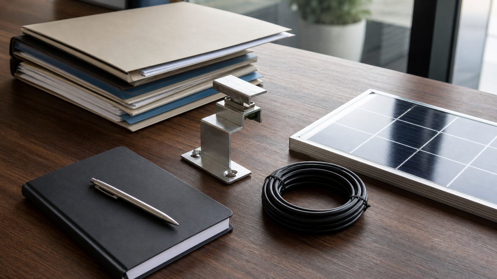Plain project folders, a notebook, solar hardware samples and coiled cable arranged on a neutral office table.