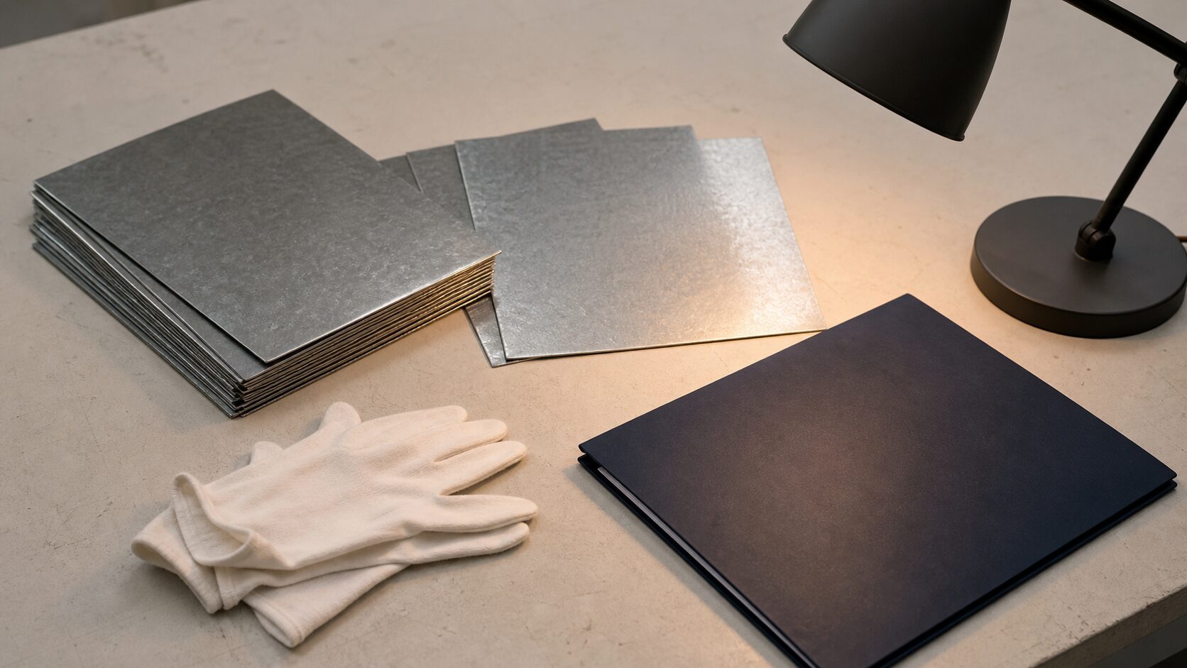 Plain steel sheet samples, cotton gloves and an unmarked folder arranged on a clean workbench under a desk lamp.