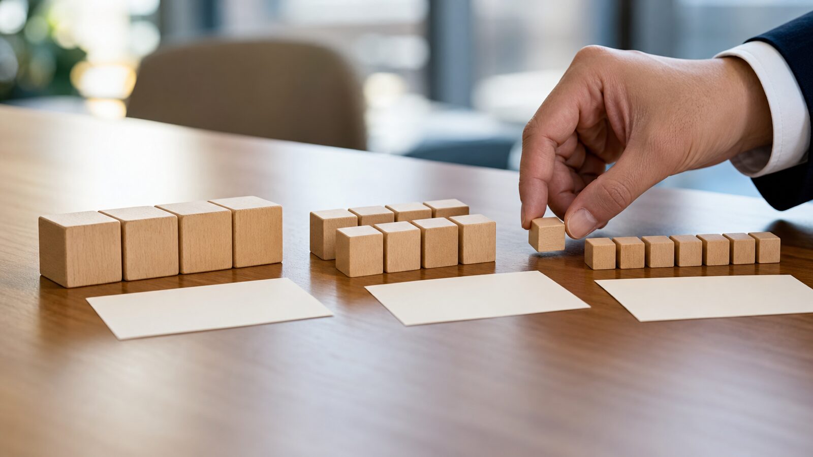 Small wooden blocks arranged in groups on a conference table to suggest changing trading units