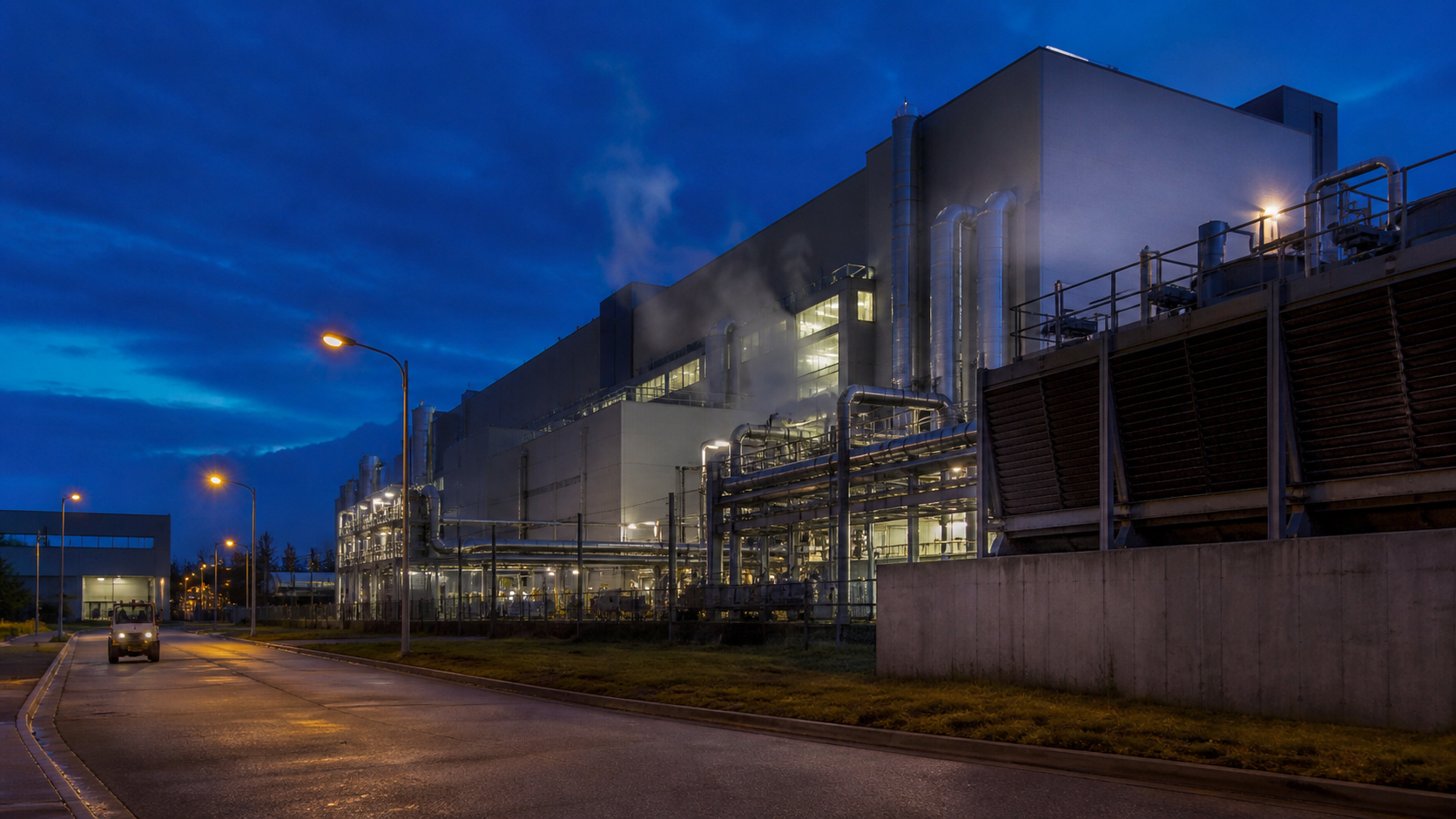 Semiconductor fabrication campus with service pipes and warm lights at blue hour