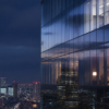 Glass high-rise at blue hour with reflected city lights and a single red aviation light