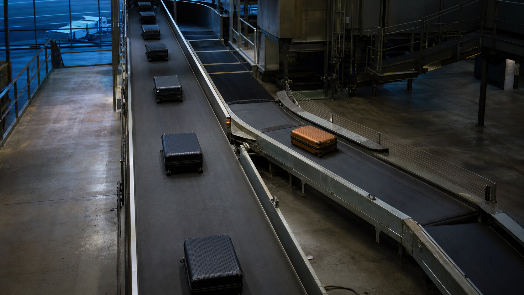One amber suitcase diverts onto a side conveyor in a quiet airport baggage hall.