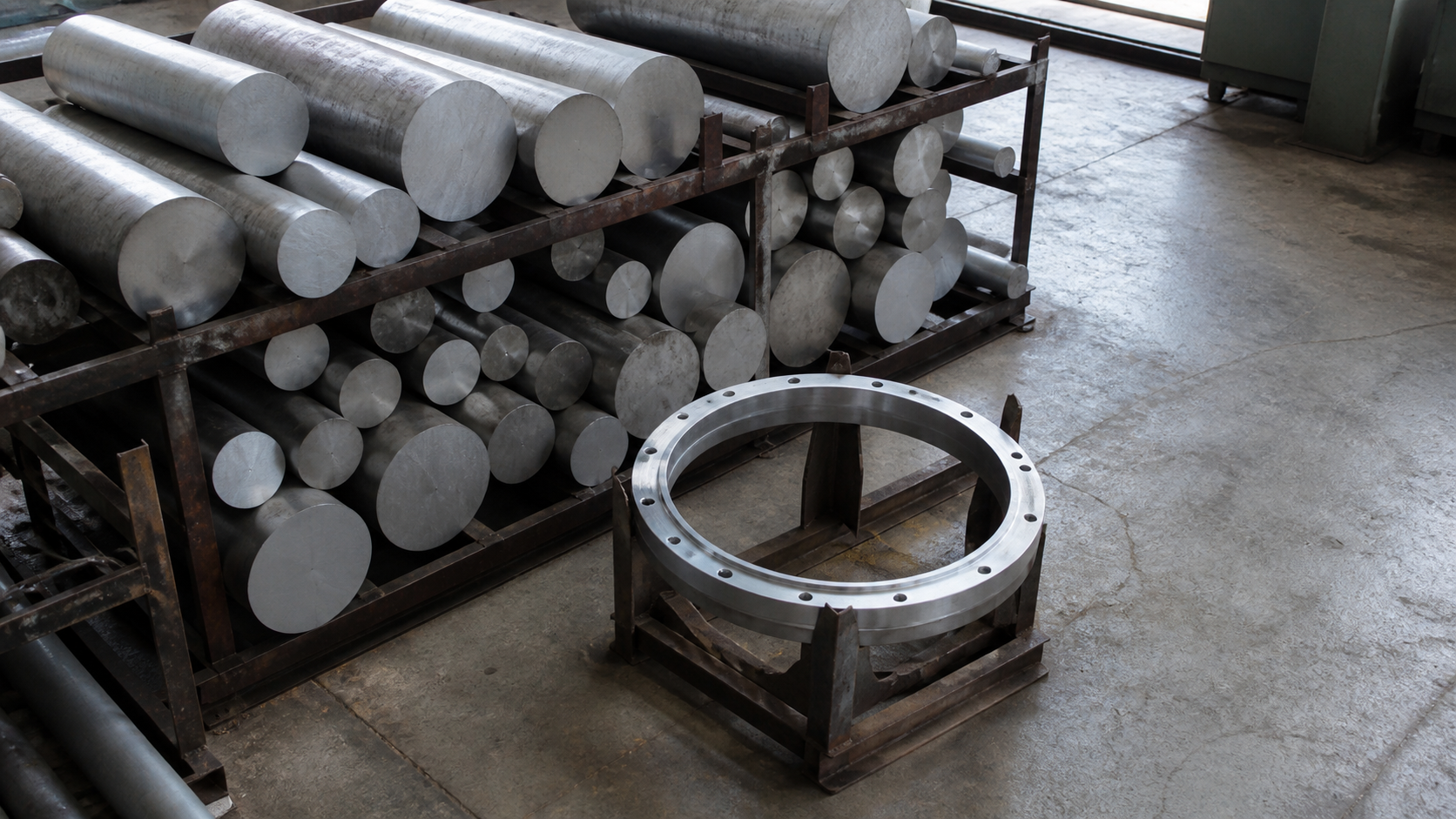 Matte aluminum billets on a worn steel rack beside a finished circular machined ring in a metalworking shop.