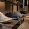 Unbranded premium walking shoes on a brushed metal retail display beside a carry-on suitcase.