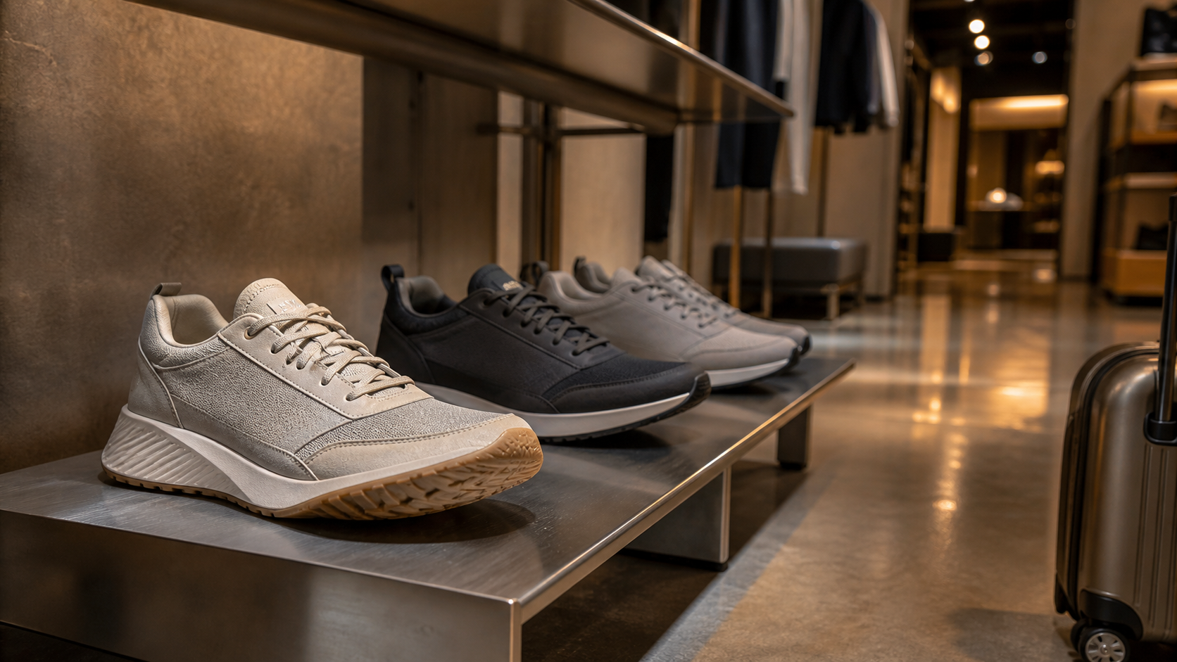 Unbranded premium walking shoes on a brushed metal retail display beside a carry-on suitcase.