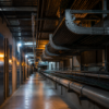 Secure telecommunications corridor lined with overhead fiber cable trays and steel conduits.