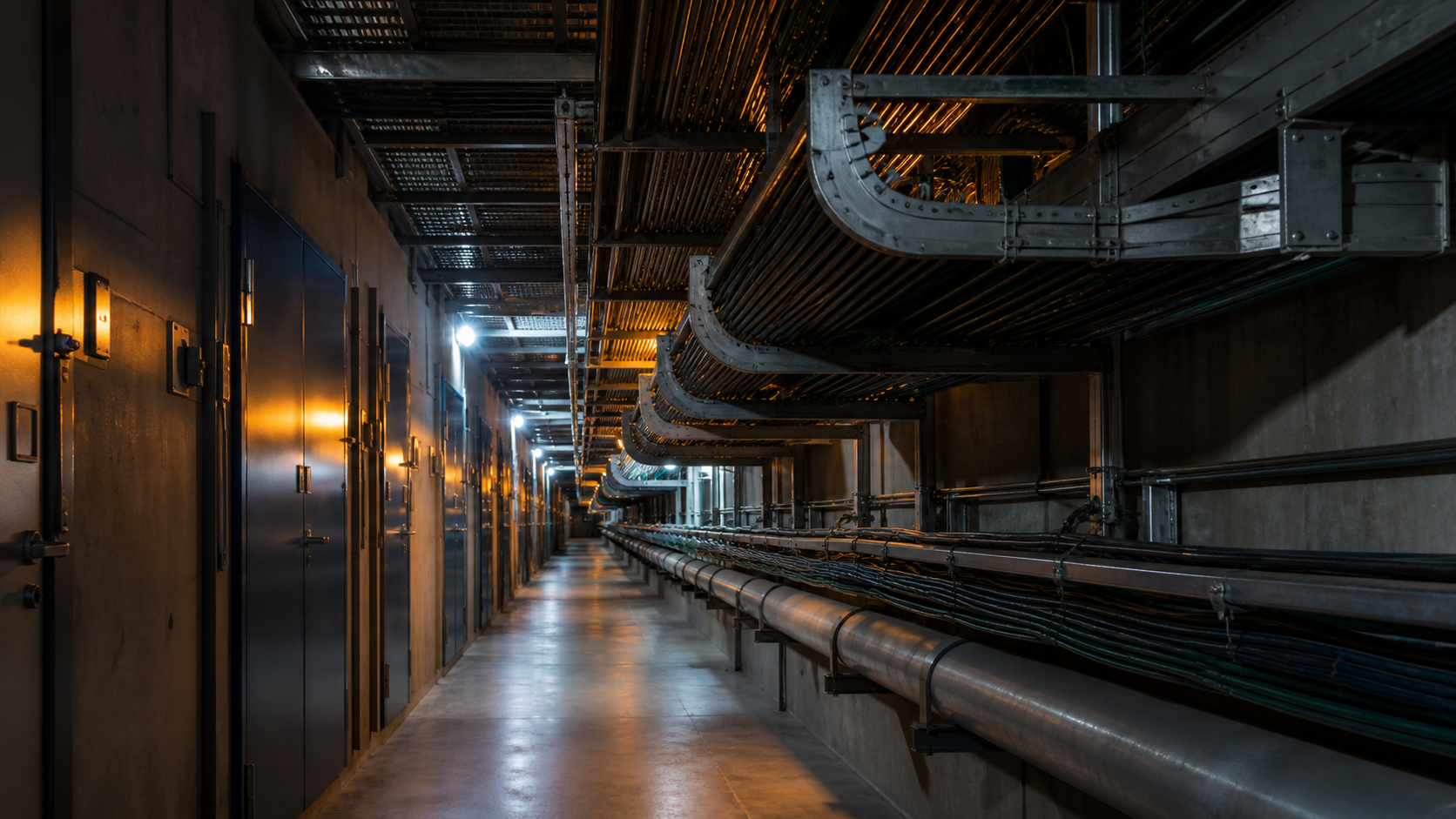 Secure telecommunications corridor lined with overhead fiber cable trays and steel conduits.