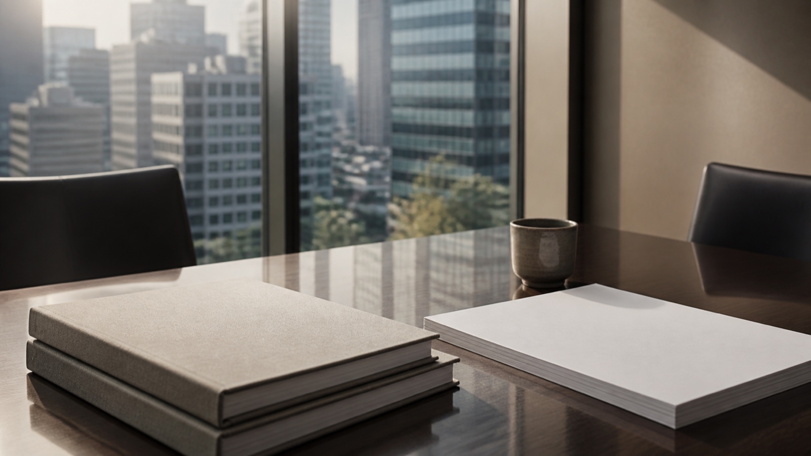 Blank governance binders and papers on a conference table in a Tokyo business district office