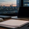 A quiet investment research desk with blank papers, folders and a closed laptop beside an evening city window