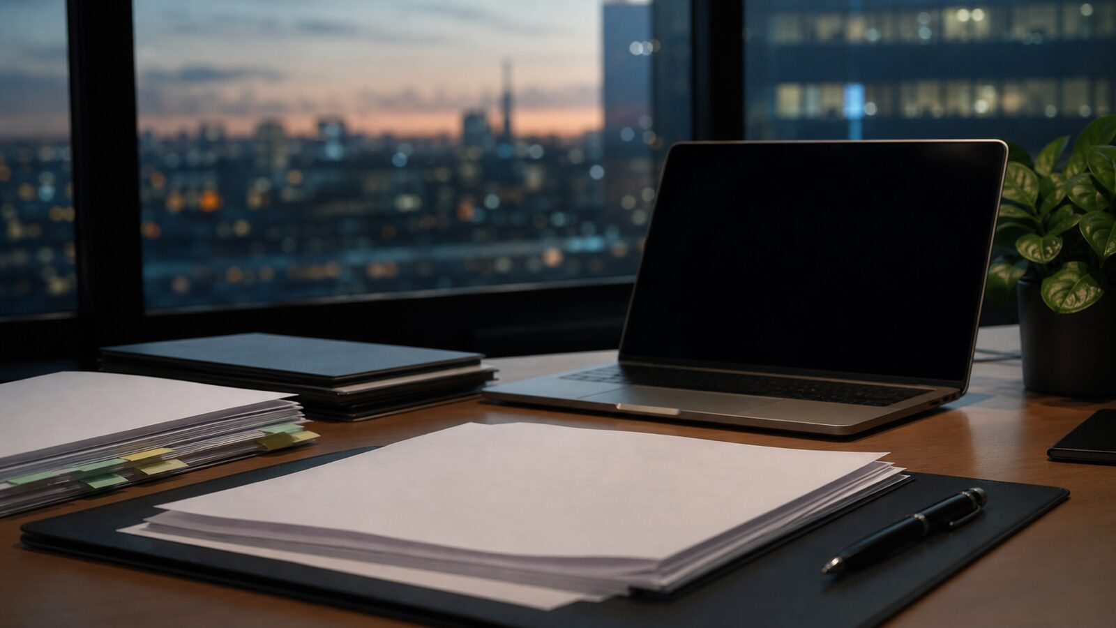 A quiet investment research desk with blank papers, folders and a closed laptop beside an evening city window