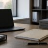 A quiet research desk with a blank laptop screen, plain filing folders, a document tray and neutral binders near an office window