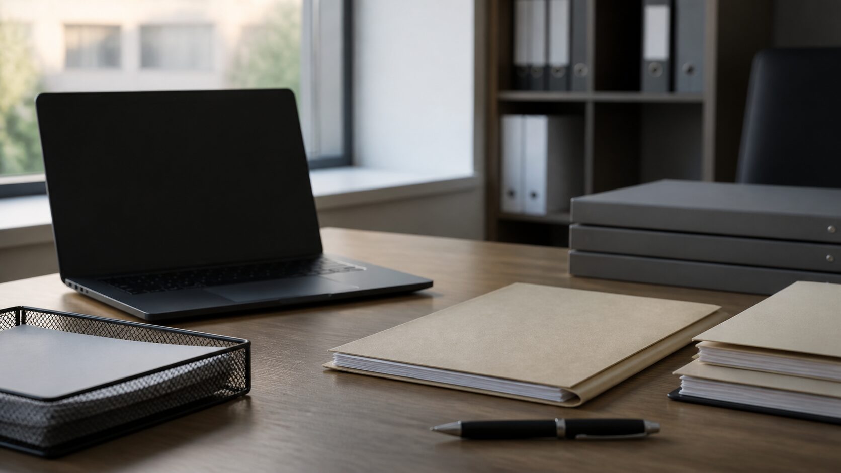 A quiet research desk with a blank laptop screen, plain filing folders, a document tray and neutral binders near an office window