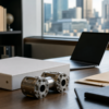 Investor research desk with blank documents, a laptop and energy-industry pipe fittings.