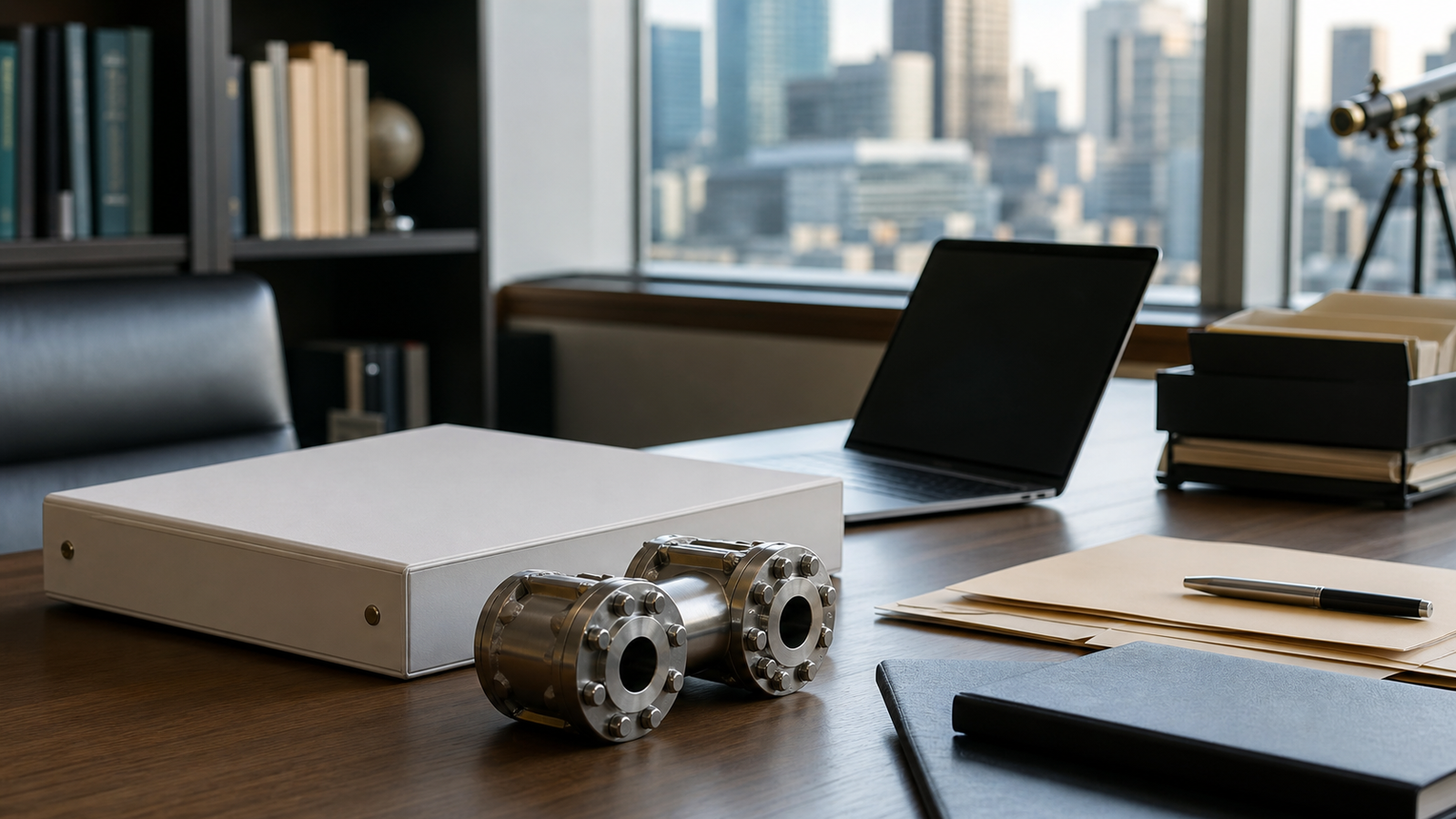 Investor research desk with blank documents, a laptop and energy-industry pipe fittings.