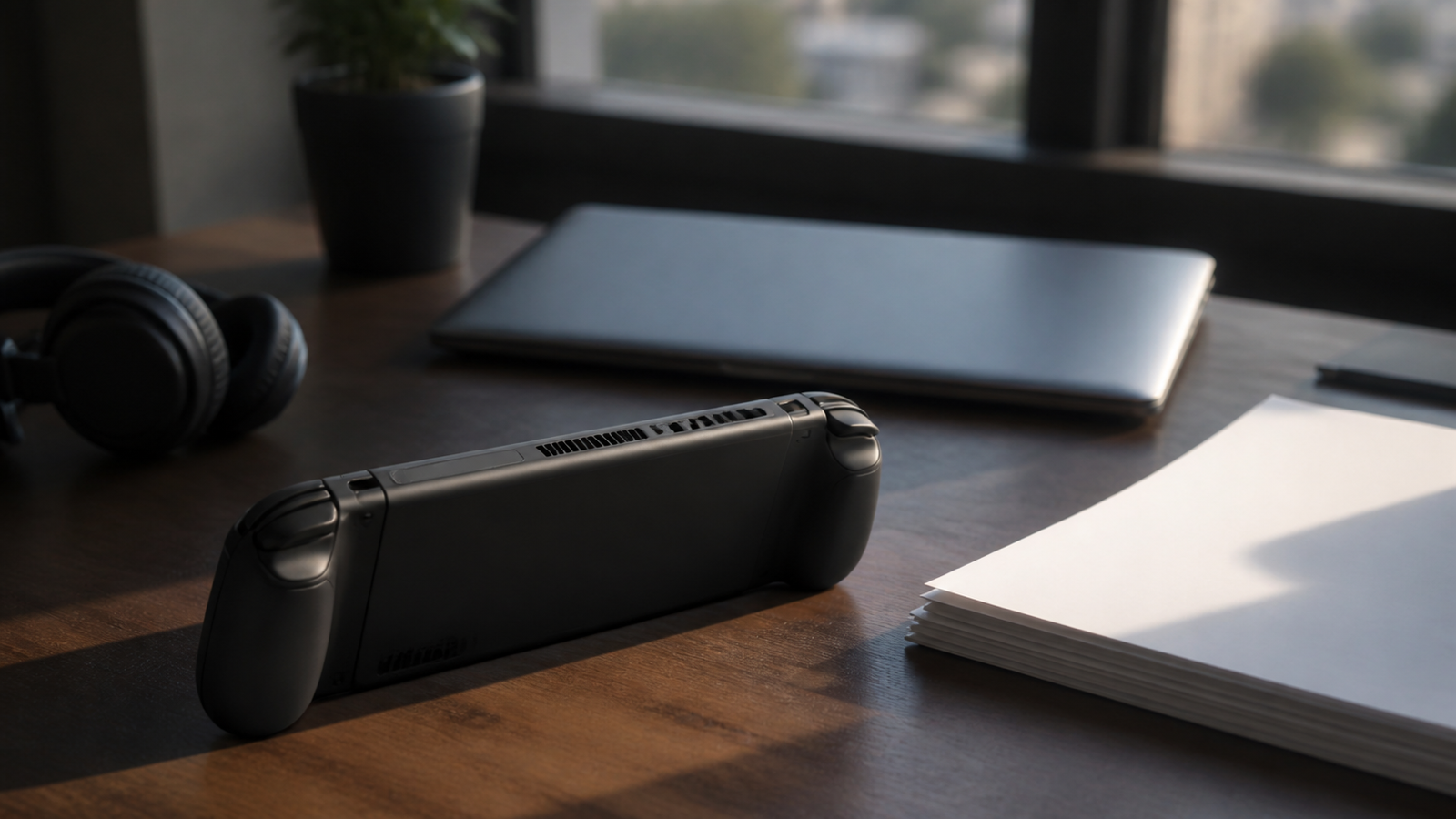 An unbranded handheld game console rests on a quiet desk beside a closed laptop and blank papers.