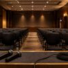 Empty investor-relations briefing auditorium with two microphones and a coiled cable after a meeting.
