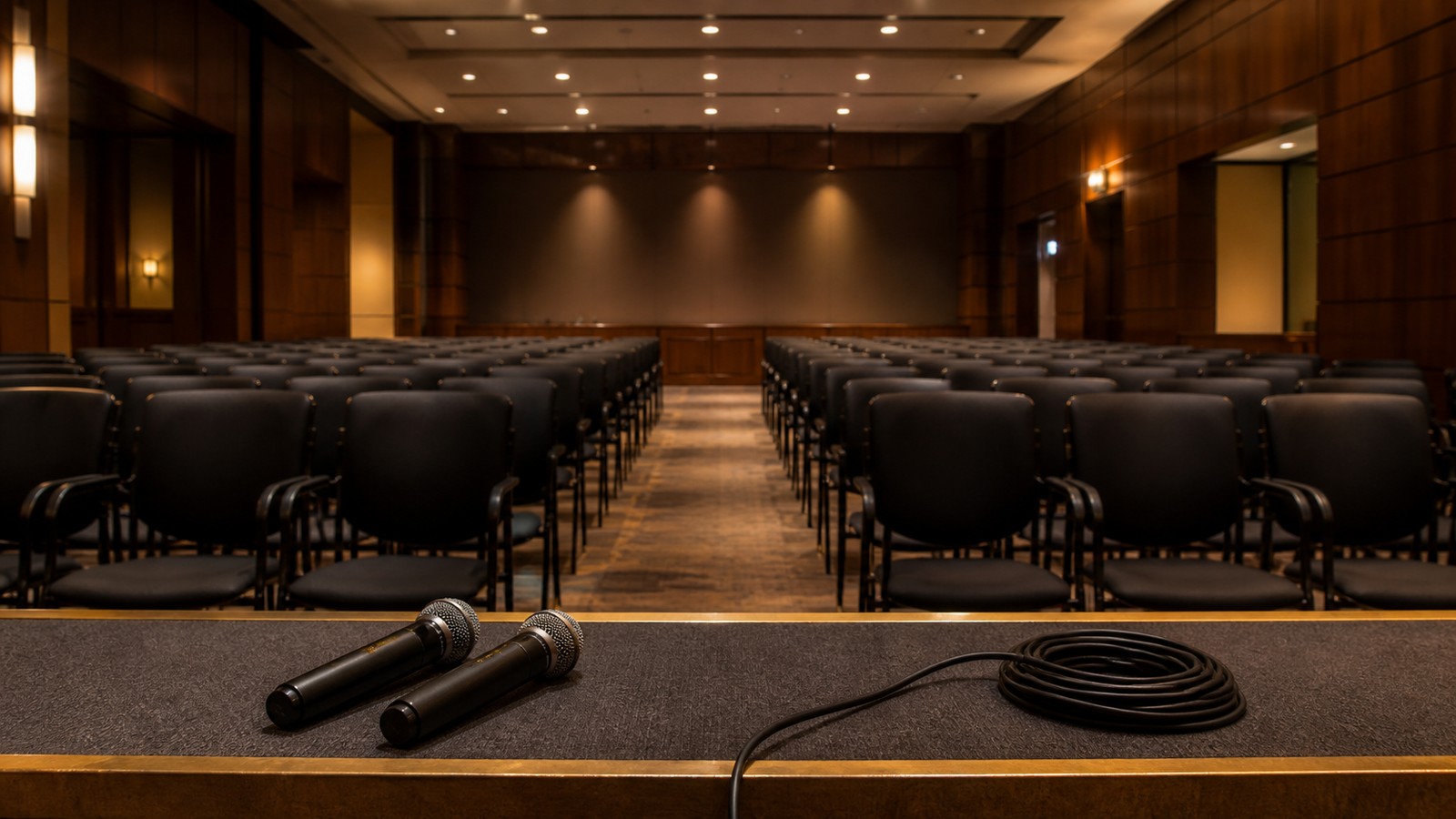 Empty investor-relations briefing auditorium with two microphones and a coiled cable after a meeting.