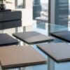 Closed blank folders on a glass table for Japanese stock ticker and ADR research
