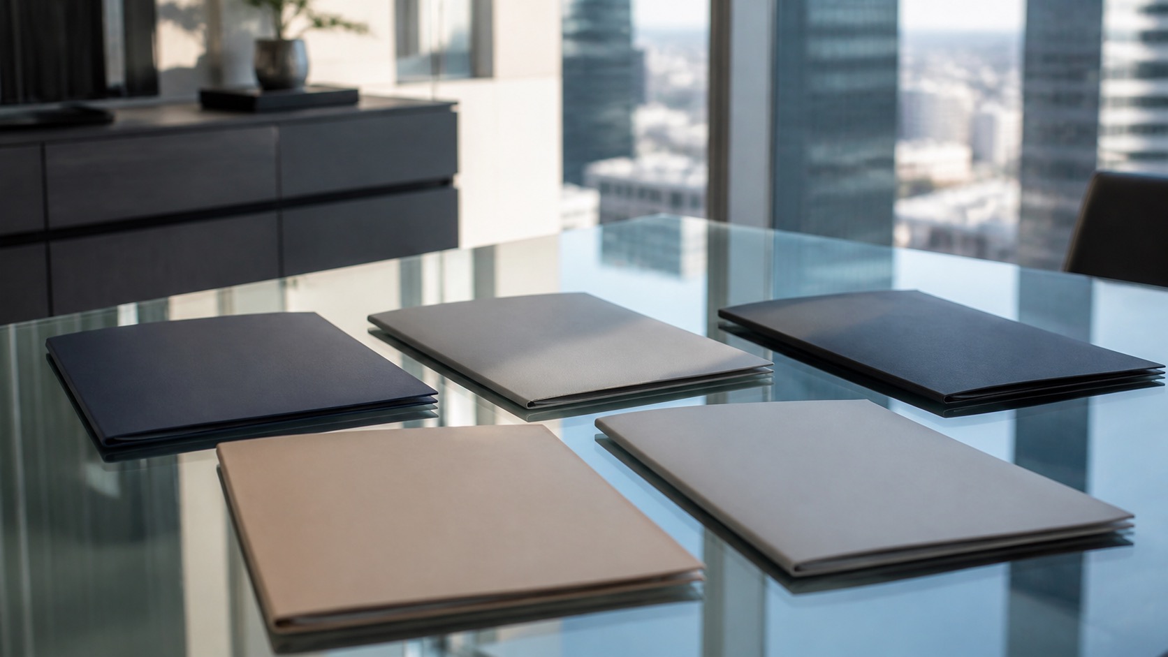 Closed blank folders on a glass table for Japanese stock ticker and ADR research