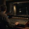 A radio-news producer works alone at an audio console in a dim late-night broadcast studio.