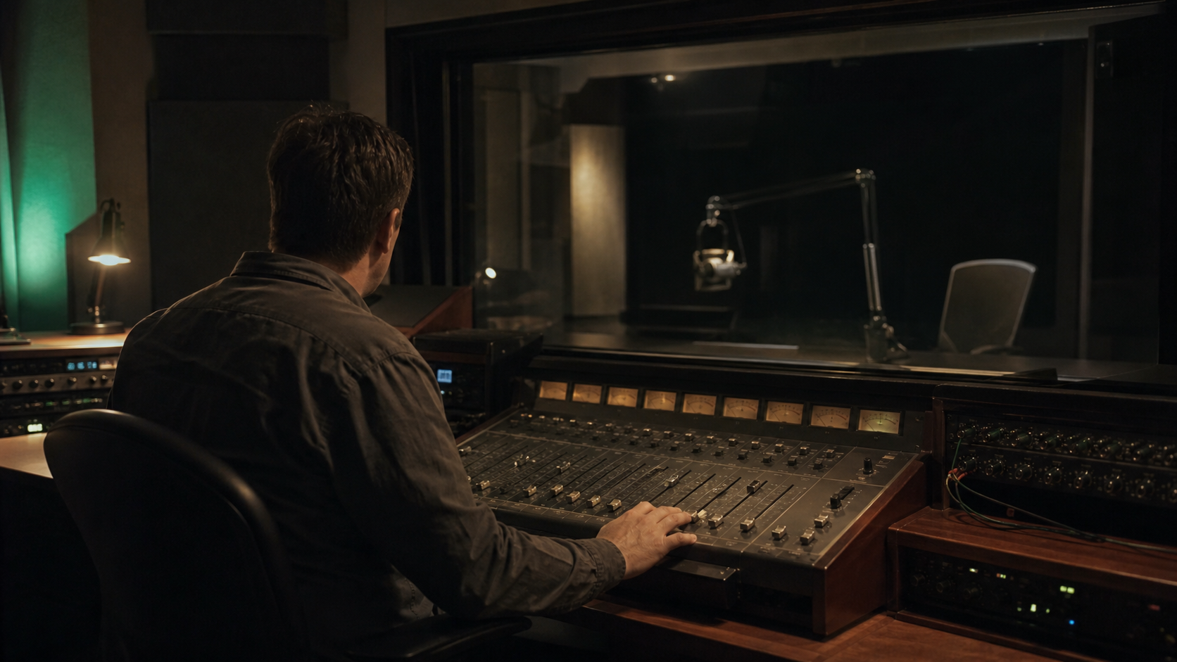 A radio-news producer works alone at an audio console in a dim late-night broadcast studio.