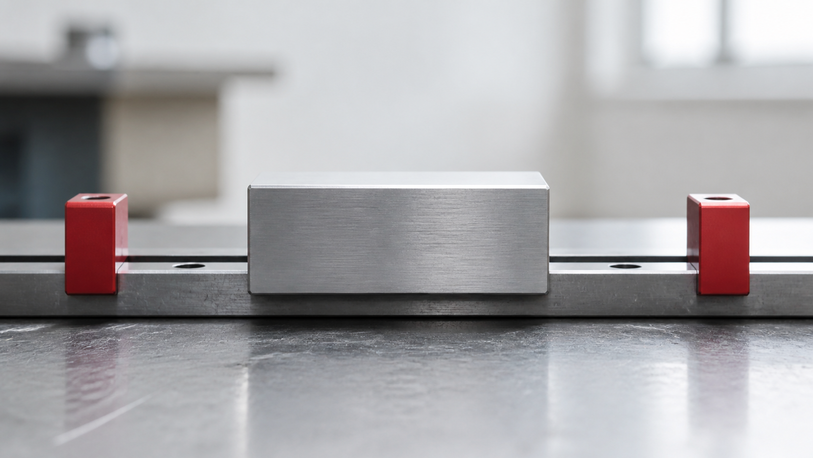 Blank brushed-metal carriage centered between two red stops on a worn linear workshop rail.