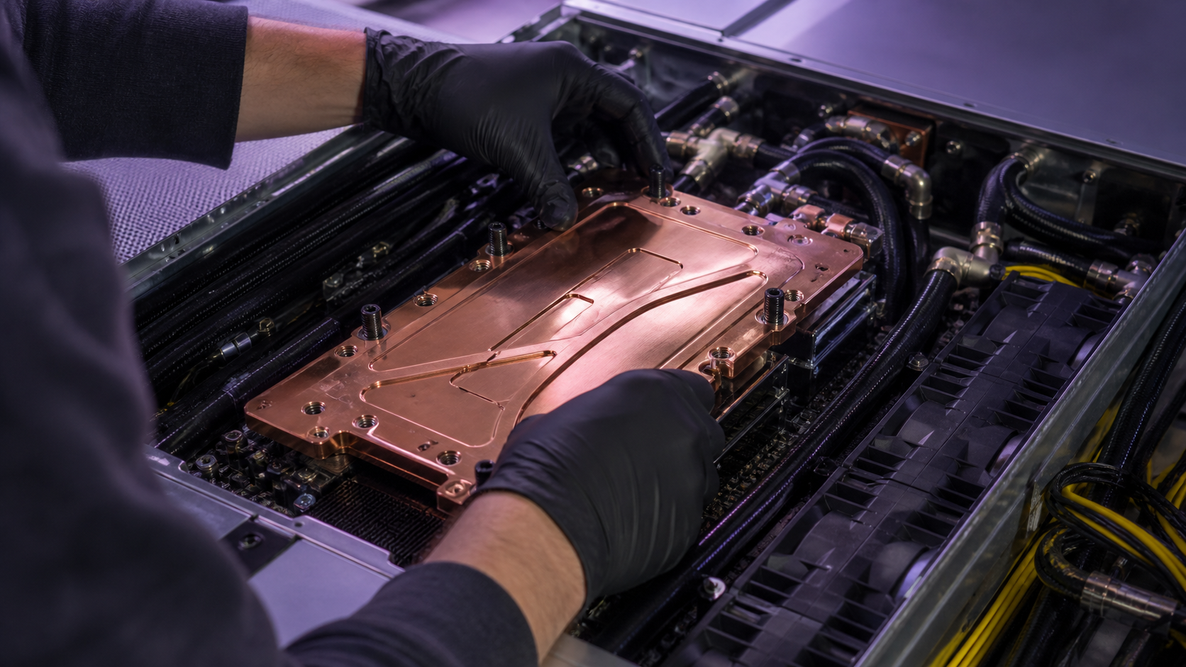 A technician aligns a copper liquid-cooling plate inside an unbranded AI server chassis.