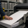 Technician guides blank continuous paper through a document scanner in an unbranded archive room.
