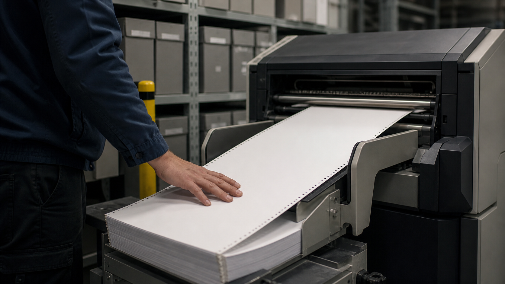 Technician guides blank continuous paper through a document scanner in an unbranded archive room.