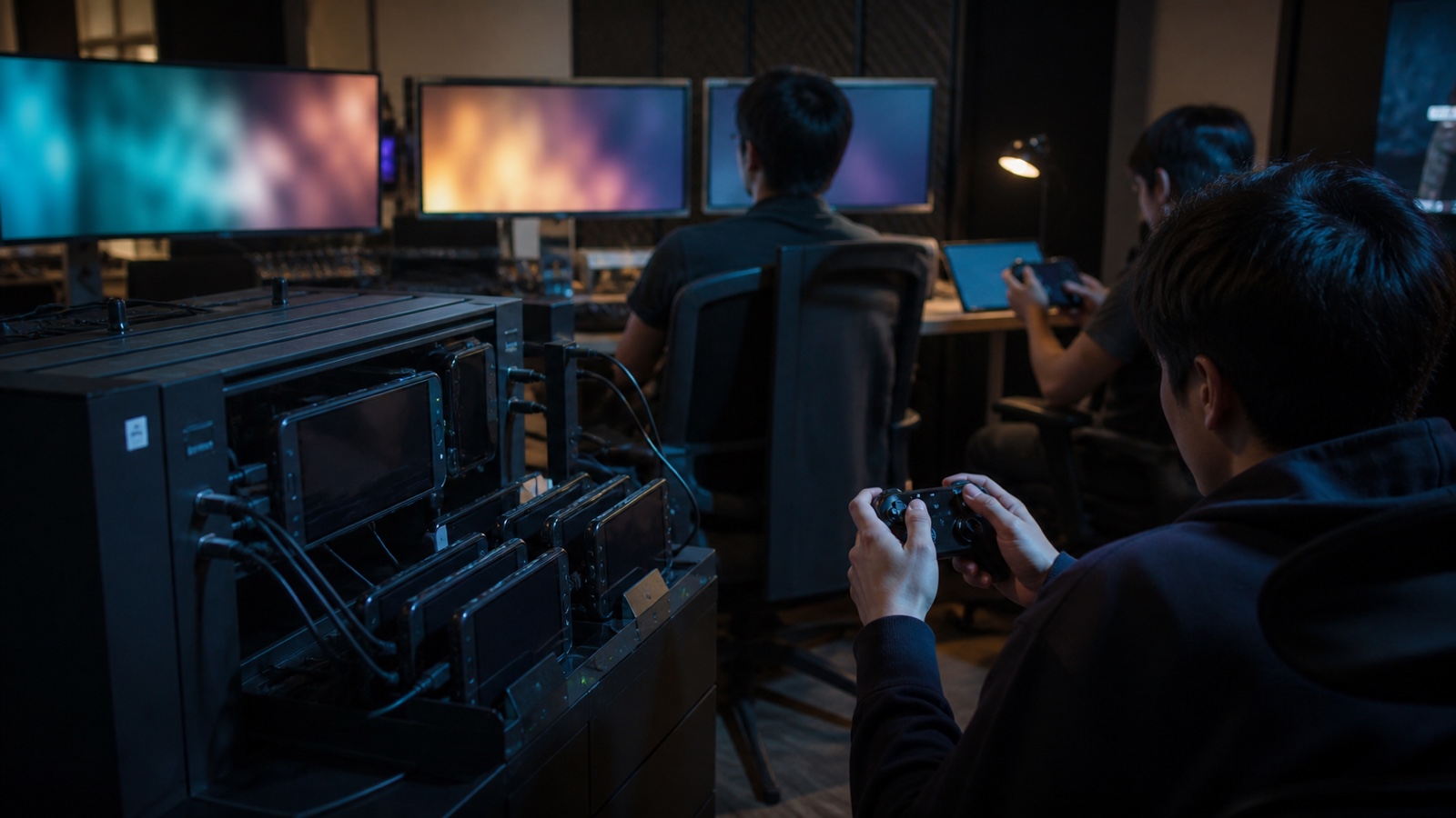 Unbranded game QA room with device racks, testers using controllers and abstract monitor light.
