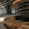 Heavy high-voltage power cable coiled on a wooden reel in an unfinished electrical construction bay