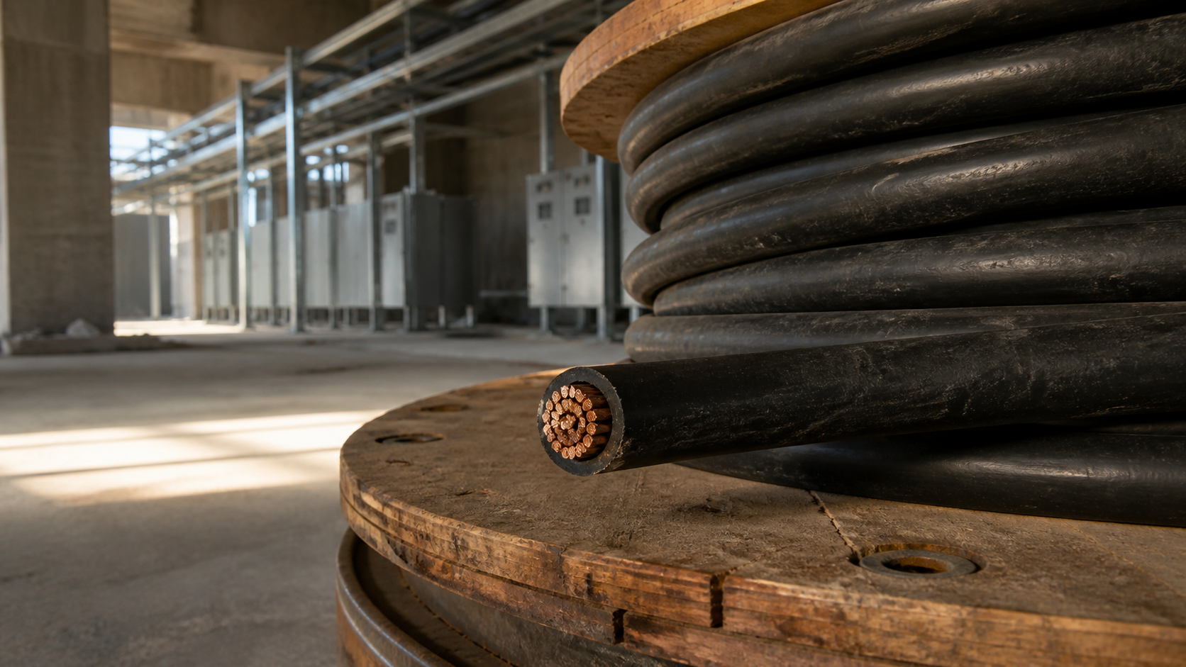 Heavy high-voltage power cable coiled on a wooden reel in an unfinished electrical construction bay