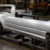 A freshly pressed unbranded silver automotive body panel rests in a worn steel inspection cradle.