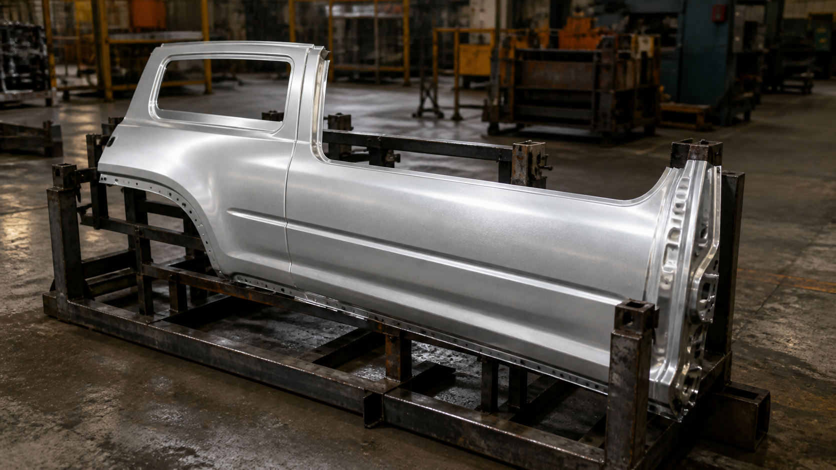 A freshly pressed unbranded silver automotive body panel rests in a worn steel inspection cradle.