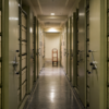 A compact public-records archive aisle leads to a red inspection trolley.