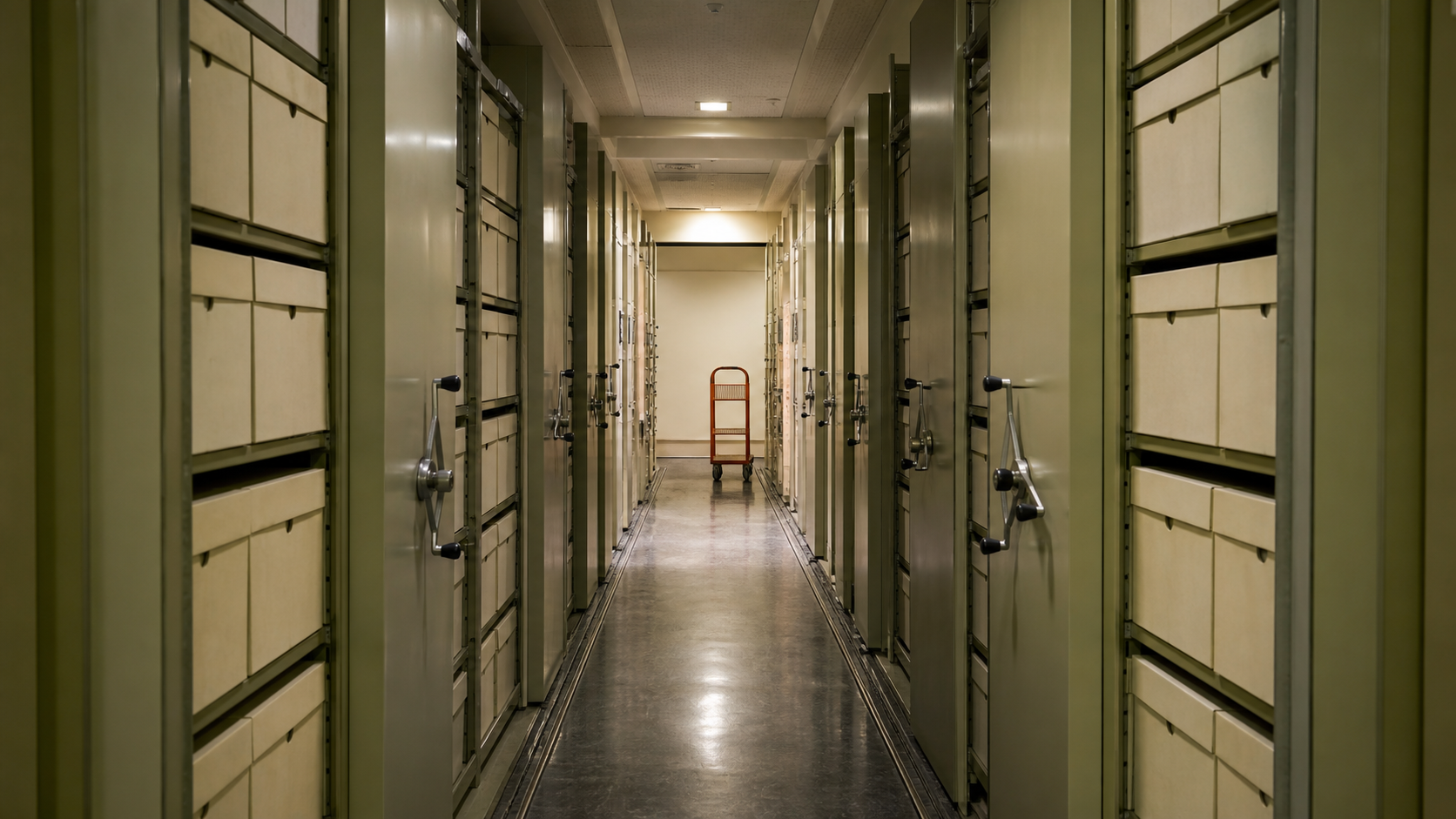 A compact public-records archive aisle leads to a red inspection trolley.