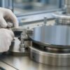 Engineer's gloved hands adjusting an unbranded wafer metrology fixture in a clean laboratory.