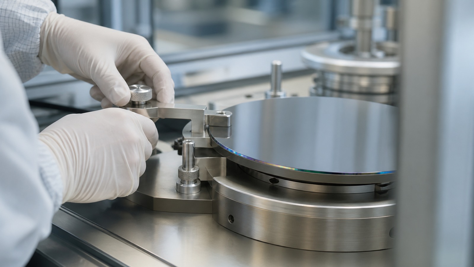 Engineer's gloved hands adjusting an unbranded wafer metrology fixture in a clean laboratory.