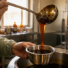 Food technician lifts glossy brown sauce with a stainless ladle into a sampling cup in a test kitchen.